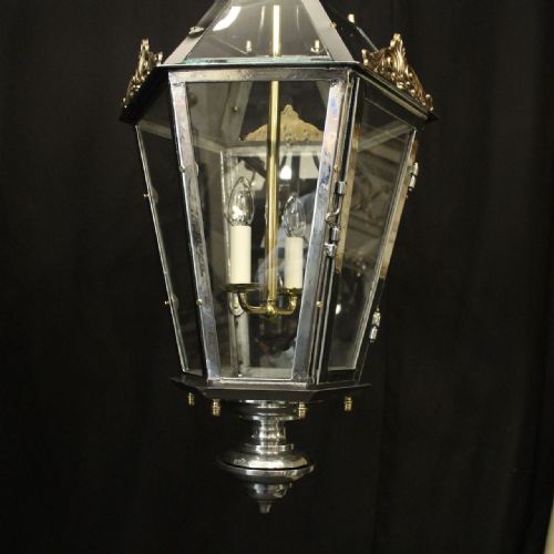FRENCH PAIR STEEL BRASS HEXAGONAL ANTIQUE LANTERNS - ADDITIONAL PHOTO 2