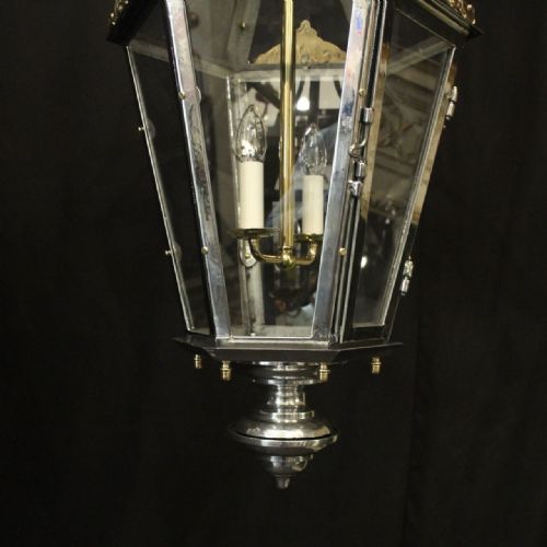 FRENCH PAIR STEEL BRASS HEXAGONAL ANTIQUE LANTERNS - ADDITIONAL PHOTO 3