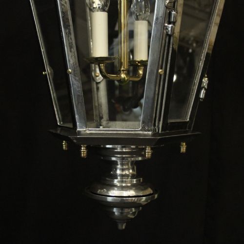 FRENCH PAIR STEEL BRASS HEXAGONAL ANTIQUE LANTERNS - ADDITIONAL PHOTO 4