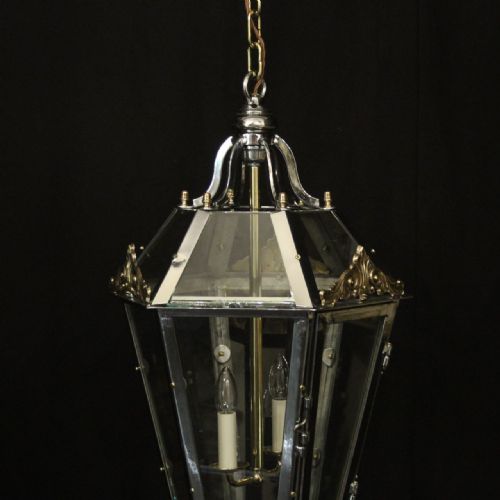 FRENCH PAIR STEEL BRASS HEXAGONAL ANTIQUE LANTERNS - ADDITIONAL PHOTO 5