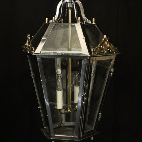 FRENCH PAIR STEEL BRASS HEXAGONAL ANTIQUE LANTERNS - ADDITIONAL PHOTO 6