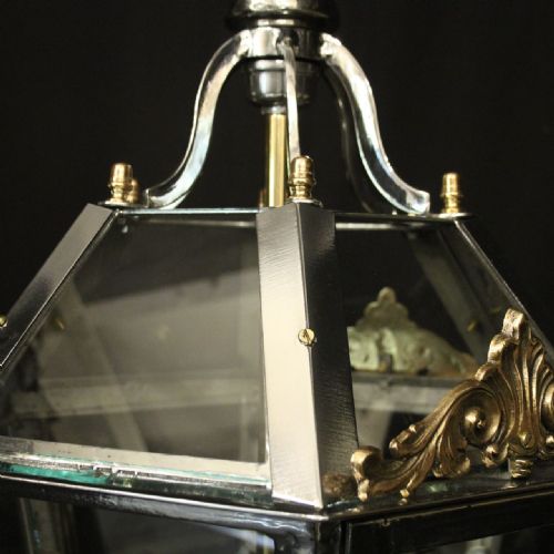 FRENCH PAIR STEEL BRASS HEXAGONAL ANTIQUE LANTERNS - ADDITIONAL PHOTO 8