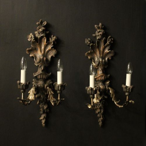 italian pair of silver giltwood antique wall lights - CATEGORY: ANTIQUE LIGHTING - DATED 1920
