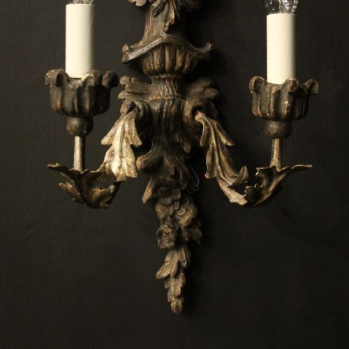 ITALIAN PAIR OF SILVER GILTWOOD ANTIQUE WALL LIGHTS - ADDITIONAL PHOTO 2