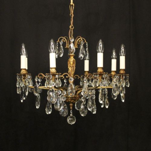 french gilded crystal 8 light antique chandelier - CATEGORY: ANTIQUE LIGHTING - DATED 1920
