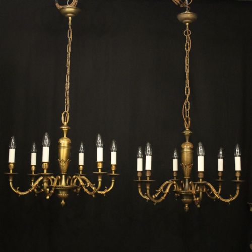 french pair of gilded brass 6 light antique chandeliers - CATEGORY: ANTIQUE LIGHTING - DATED 1920