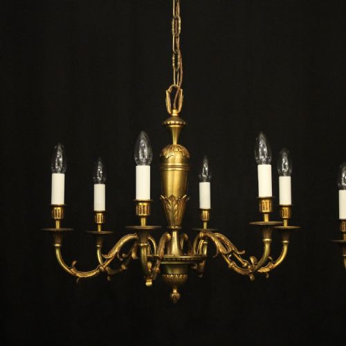 FRENCH PAIR OF GILDED BRASS 6 LIGHT ANTIQUE CHANDELIERS - ADDITIONAL PHOTO 1