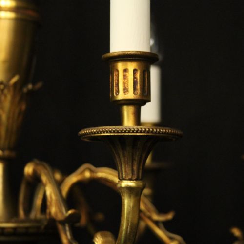 FRENCH PAIR OF GILDED BRASS 6 LIGHT ANTIQUE CHANDELIERS - ADDITIONAL PHOTO 2
