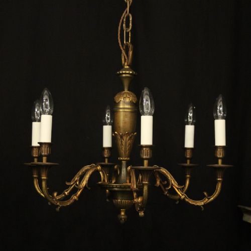 FRENCH PAIR OF GILDED BRASS 6 LIGHT ANTIQUE CHANDELIERS - ADDITIONAL PHOTO 3