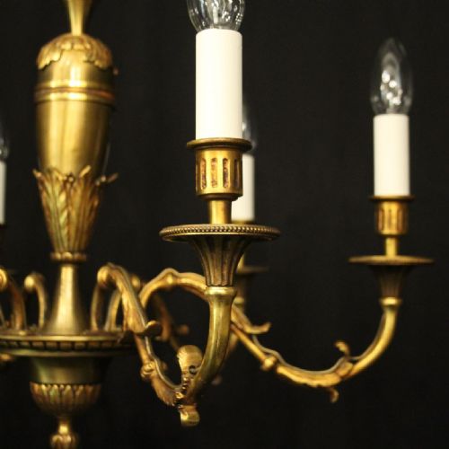 FRENCH PAIR OF GILDED BRASS 6 LIGHT ANTIQUE CHANDELIERS - ADDITIONAL PHOTO 4