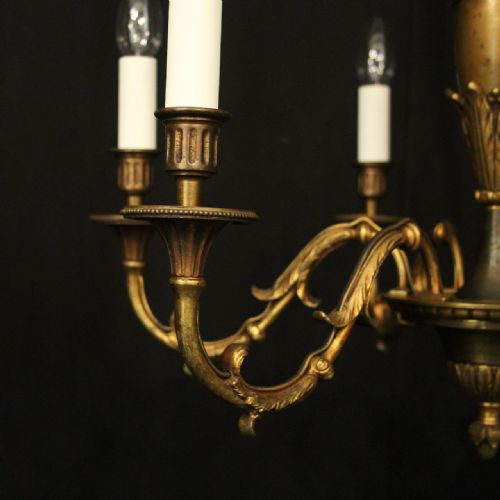 FRENCH PAIR OF GILDED BRASS 6 LIGHT ANTIQUE CHANDELIERS - ADDITIONAL PHOTO 5