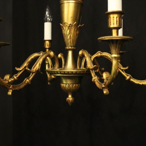 FRENCH PAIR OF GILDED BRASS 6 LIGHT ANTIQUE CHANDELIERS - ADDITIONAL PHOTO 6