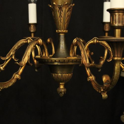 FRENCH PAIR OF GILDED BRASS 6 LIGHT ANTIQUE CHANDELIERS - ADDITIONAL PHOTO 7