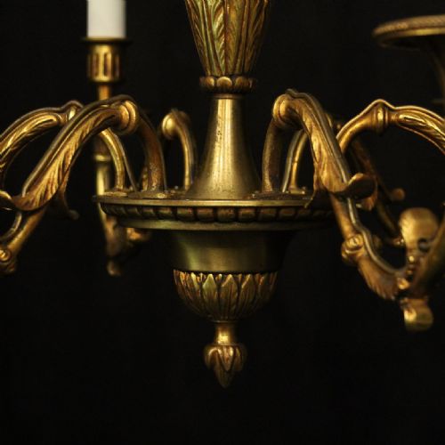 FRENCH PAIR OF GILDED BRASS 6 LIGHT ANTIQUE CHANDELIERS - ADDITIONAL PHOTO 8