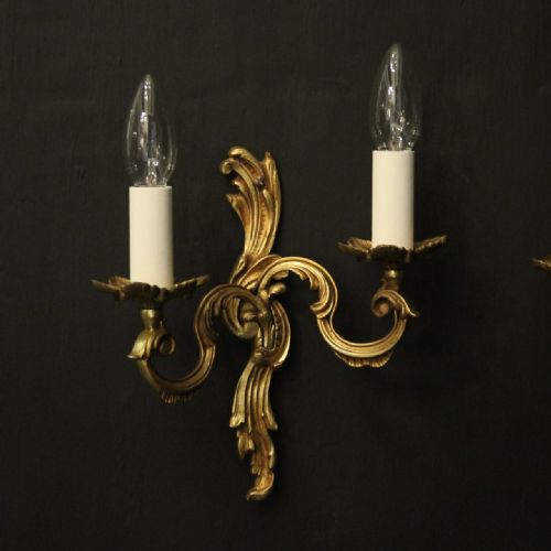 FRENCH PAIR OF GILDED TWIN ARM ANTIQUE WALL LIGHTS - ADDITIONAL PHOTO 2