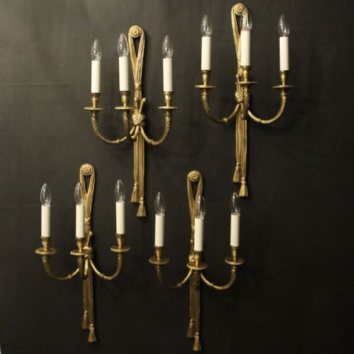 french set of 4 gilded brass rope triple arm wall lights - CATEGORY: ANTIQUE LIGHTING - DATED 1930