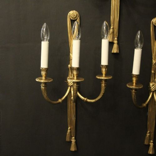 FRENCH SET OF 4 GILDED BRASS ROPE TRIPLE ARM WALL LIGHTS - ADDITIONAL PHOTO 1