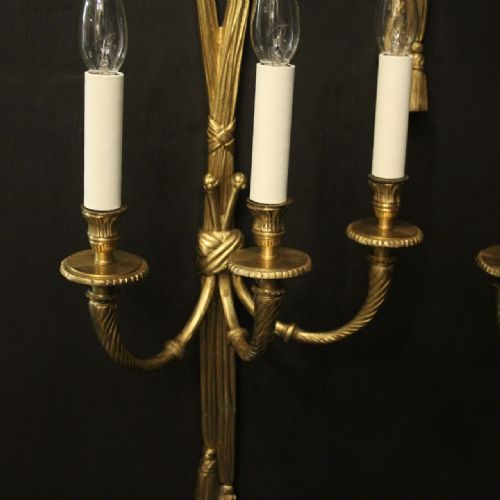 FRENCH SET OF 4 GILDED BRASS ROPE TRIPLE ARM WALL LIGHTS - ADDITIONAL PHOTO 2