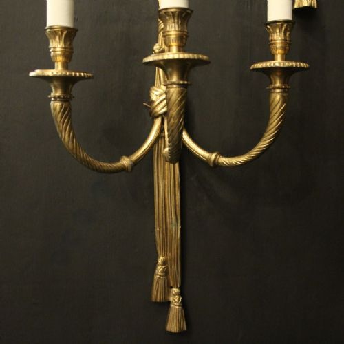 FRENCH SET OF 4 GILDED BRASS ROPE TRIPLE ARM WALL LIGHTS - ADDITIONAL PHOTO 3
