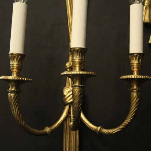 FRENCH SET OF 4 GILDED BRASS ROPE TRIPLE ARM WALL LIGHTS - ADDITIONAL PHOTO 4