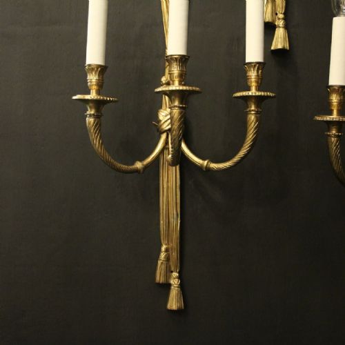 FRENCH SET OF 4 GILDED BRASS ROPE TRIPLE ARM WALL LIGHTS - ADDITIONAL PHOTO 5