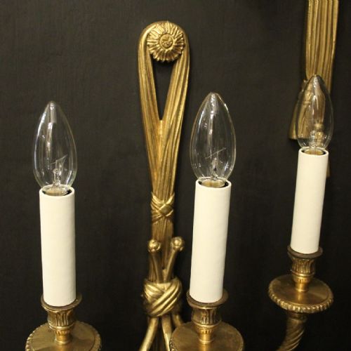 FRENCH SET OF 4 GILDED BRASS ROPE TRIPLE ARM WALL LIGHTS - ADDITIONAL PHOTO 6