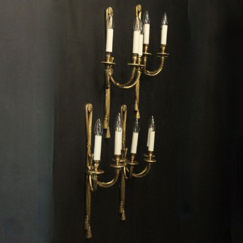 FRENCH SET OF 4 GILDED BRASS ROPE TRIPLE ARM WALL LIGHTS - ADDITIONAL PHOTO 9