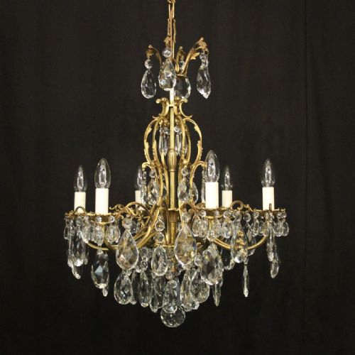 french gilded bronze crystal 6 light antique chandelier - CATEGORY: ANTIQUE LIGHTING - DATED 1920