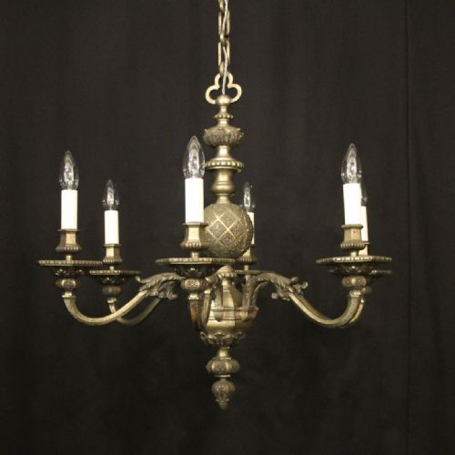 english silvered bronze 6 light antique chandelier - CATEGORY: ANTIQUE LIGHTING - DATED 1920
