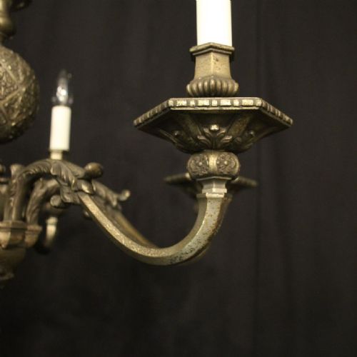 ENGLISH SILVERED BRONZE 6 LIGHT ANTIQUE CHANDELIER - ADDITIONAL PHOTO 5