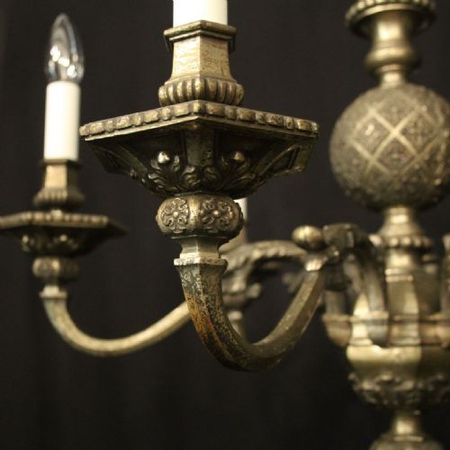 ENGLISH SILVERED BRONZE 6 LIGHT ANTIQUE CHANDELIER - ADDITIONAL PHOTO 8