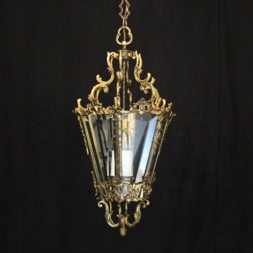 french gilded bronze triple light antique hall lantern - CATEGORY: ANTIQUE LIGHTING - DATED 1920