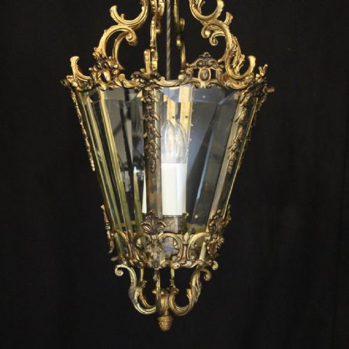 FRENCH GILDED BRONZE TRIPLE LIGHT ANTIQUE HALL LANTERN - ADDITIONAL PHOTO 1