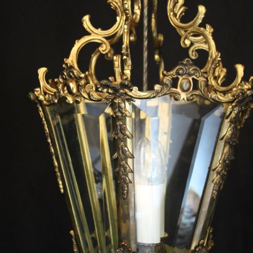 FRENCH GILDED BRONZE TRIPLE LIGHT ANTIQUE HALL LANTERN - ADDITIONAL PHOTO 2