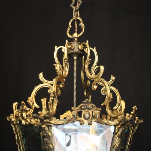 FRENCH GILDED BRONZE TRIPLE LIGHT ANTIQUE HALL LANTERN - ADDITIONAL PHOTO 3