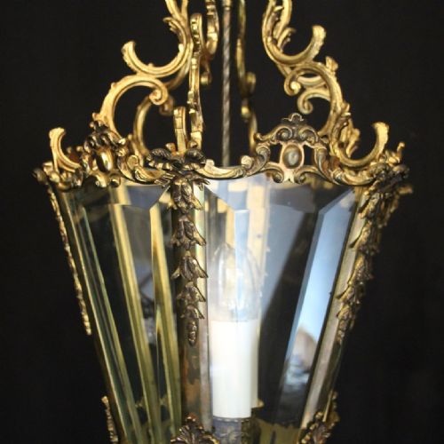 FRENCH GILDED BRONZE TRIPLE LIGHT ANTIQUE HALL LANTERN - ADDITIONAL PHOTO 5
