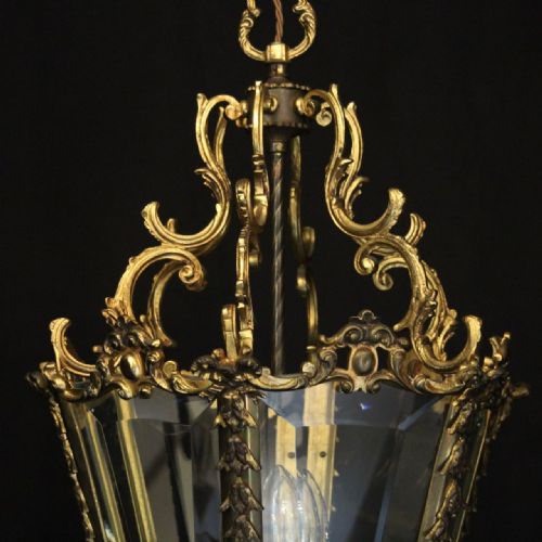 FRENCH GILDED BRONZE TRIPLE LIGHT ANTIQUE HALL LANTERN - ADDITIONAL PHOTO 6