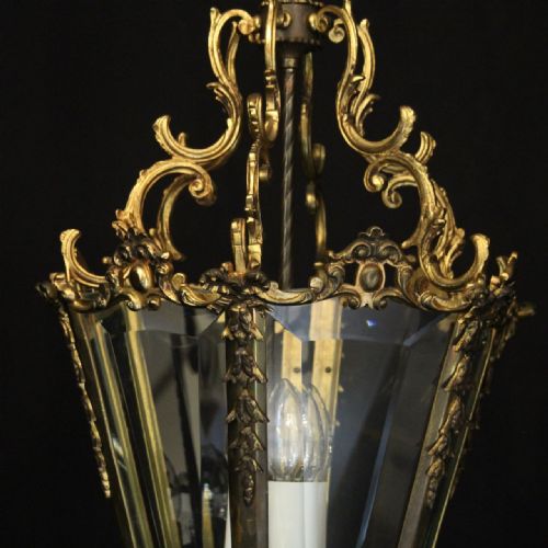 FRENCH GILDED BRONZE TRIPLE LIGHT ANTIQUE HALL LANTERN - ADDITIONAL PHOTO 7