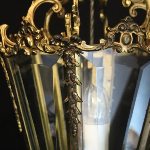 FRENCH GILDED BRONZE TRIPLE LIGHT ANTIQUE HALL LANTERN - ADDITIONAL PHOTO 8