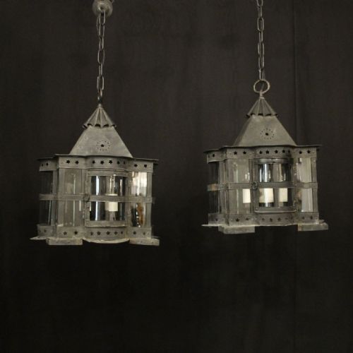 english pair of arts crafts 4 light lanterns - CATEGORY: ANTIQUE LIGHTING - DATED 1930