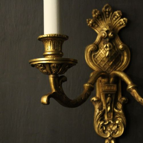 FRENCH PAIR OF GILDED BRONZE ANTIQUE WALL SCONCES - ADDITIONAL PHOTO 2