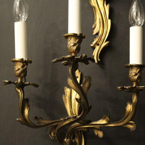 FRENCH SET OF 4 GILDED BRONZE ANTIQUE WALL SCONCES - ADDITIONAL PHOTO 2