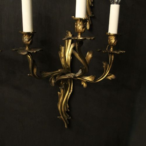 FRENCH SET OF 4 GILDED BRONZE ANTIQUE WALL SCONCES - ADDITIONAL PHOTO 4