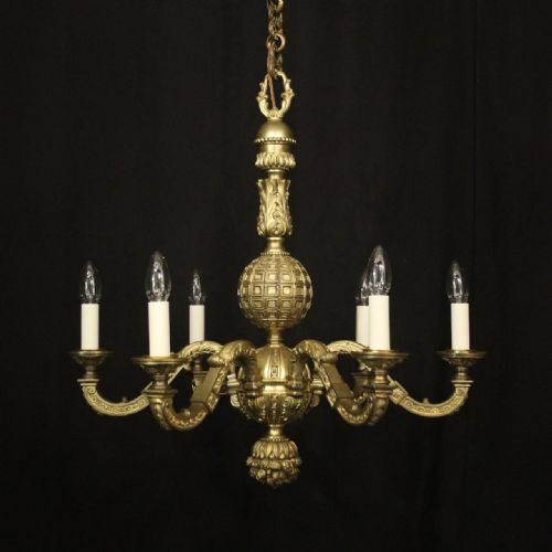 english 19th c gilded bronze 6 light antique chandelier - CATEGORY: ANTIQUE LIGHTING - DATED 19TH CENTURY