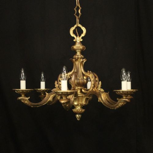 french gilded bronze 6 light antique chandelier - CATEGORY: ANTIQUE LIGHTING - DATED 19TH CENTURY