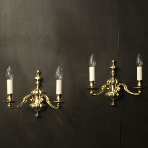english pair of brass twin arm antique wall lights - CATEGORY: ANTIQUE LIGHTING - DATED 1920