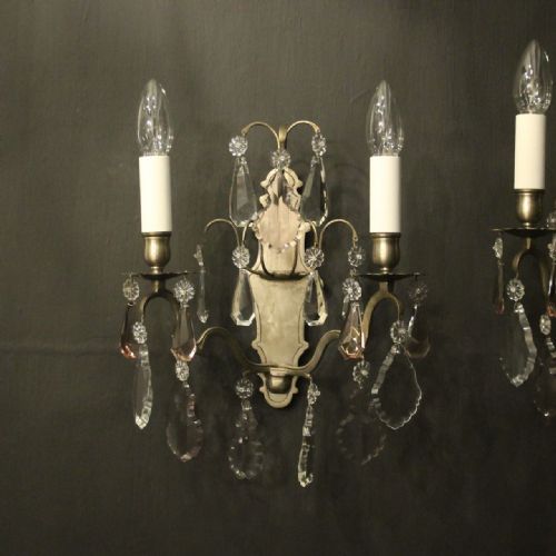 FRENCH SILVER GILDED CRYSTAL TWIN ARM ANTIQUE WALL LIGHTS - ADDITIONAL PHOTO 1