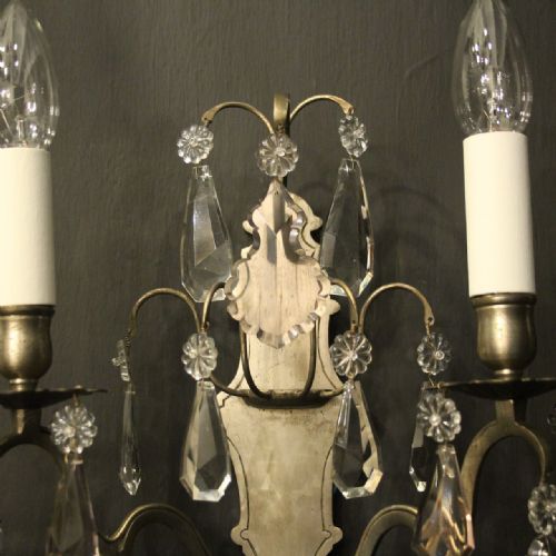 FRENCH SILVER GILDED CRYSTAL TWIN ARM ANTIQUE WALL LIGHTS - ADDITIONAL PHOTO 2