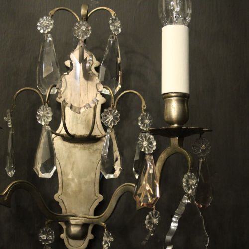FRENCH SILVER GILDED CRYSTAL TWIN ARM ANTIQUE WALL LIGHTS - ADDITIONAL PHOTO 3