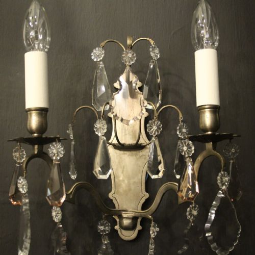 FRENCH SILVER GILDED CRYSTAL TWIN ARM ANTIQUE WALL LIGHTS - ADDITIONAL PHOTO 4